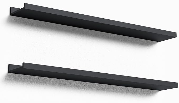 35.4 Inches Long Floating Shelves Wall Mounted, 2 Set Modern Black Wall Shelf for Bedroom, Nursery Book Shelf with Lip, Picture Ledge Shelf for Wall Decor Living Room Bathroom Kitchen- Black