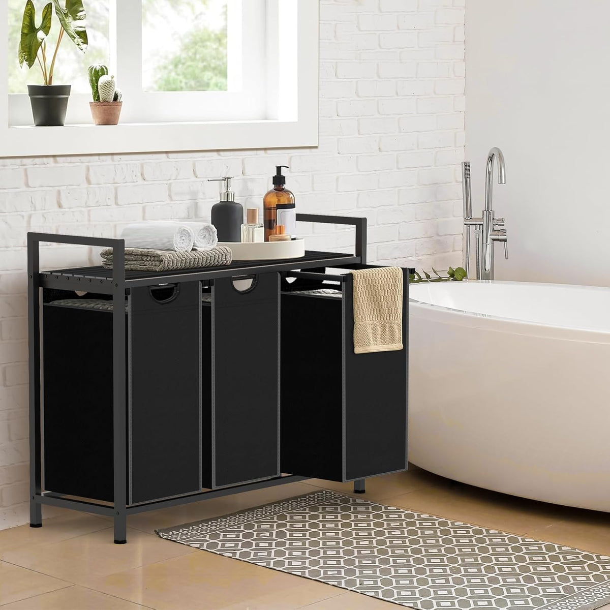 Laundry Hamper, Laundry Sorter with 3 Pull-Out Removable Oxford Fabric Bags Cloth Laundry Basket 3 x 10 Gallons (Charcoal Black)