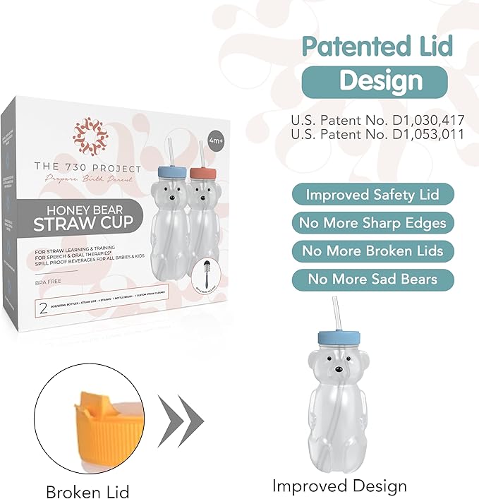 Honey Bear Straw Cup for Babies, 2-Pack Honey Bear Bottle with Travel Lid, Therapy Learning Honeybear Straw Cup, Baby Bottle Set, 8 oz, Blueberry Pie & Firetruck