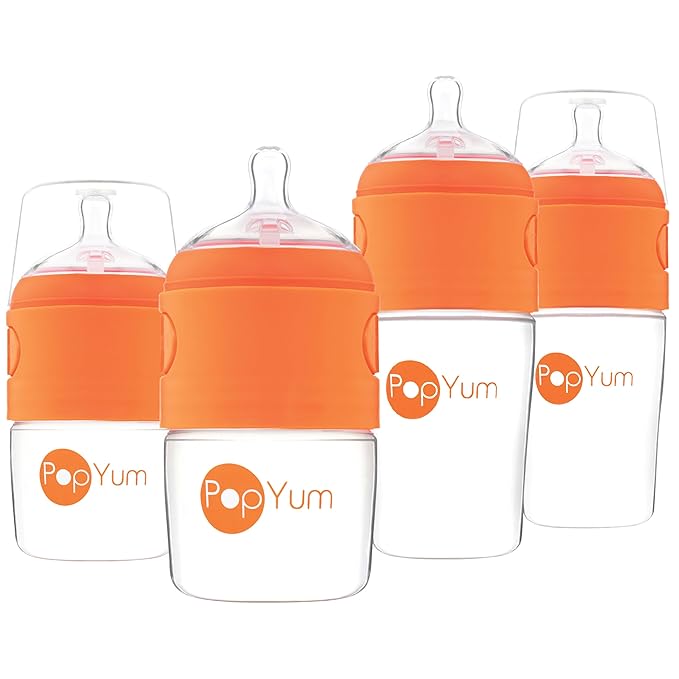 PopYum Orange Formula Making Baby Bottle Starter Set, 4-Pack, 2X 5oz Bottles with #1 Slow Flow Nipples + 2X 9oz Bottles with #2 Medium Flow Nipples