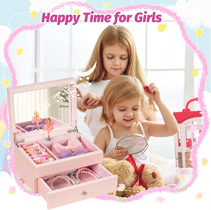 Miratino Music Jewelry Box Gifts for Girls, Wooden Kids Jewelry Boxes & Organizers with Spinning Dancer, Musical Jewelry Storage Gift for Little Girl Toddler Christmas Birthday New Year (Pink)