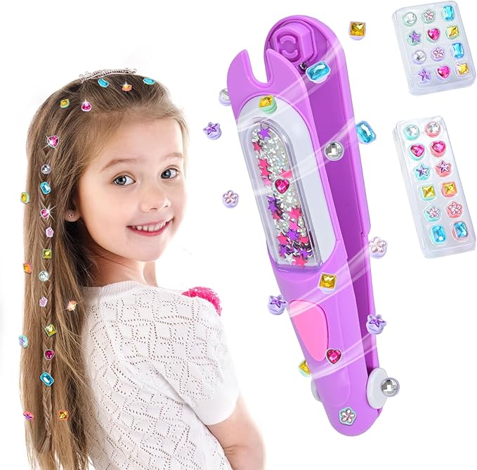 Hair Gem Stamper Kit,Bling Hair Jewels for Girls, Hair Styling Tool with Reusable Shining Diamonds, Christmas Birthday Arts & Crafts Gift for 5-12 Year Old Girl (Purple)