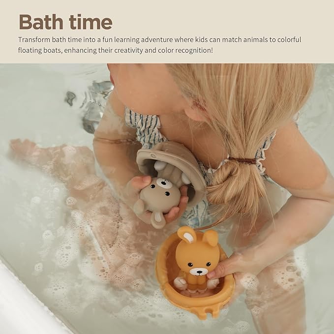 Nueplay Bathtub Toys for Toddlers 18M+，Baby Bath Toys with Animal Finger Puppets，Stackable Boat Train，Easter Bunny Gifts for Baby & Toddlers Set of 6