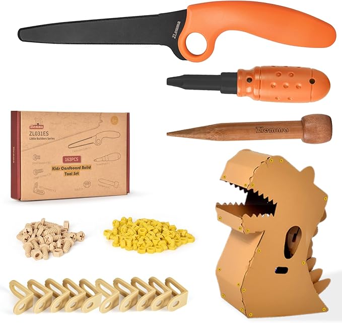 Cardboard Construction Tool Kit 163 Pieces-Educational Toys for at-Home Play + Classroom Learning | Reusable Cardboard Tools for Kids