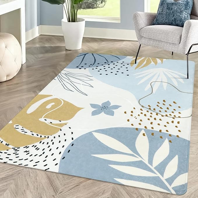 Lahome Boho Blue Living Room Carpet - Washable Area Rugs 4x6 Non-Slip Ultra-Thin Soft Bedroom Rugs Nursery Kids Room, Botanical Print Indoor Modern Floral Carpet Rug for Classroom Laundry Room Office