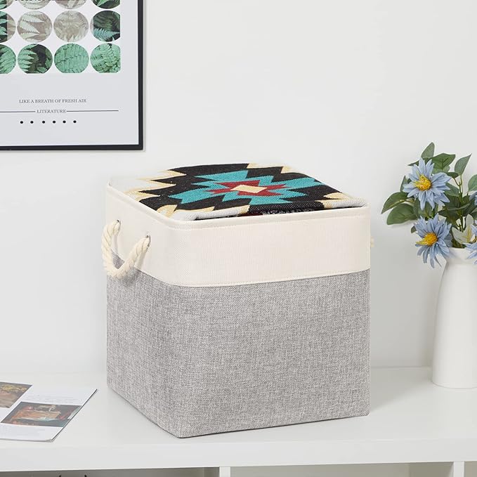 Bidtakay Fabric Basket Set - Large Square Organizer Bins, 13x13, Set of 3, White & Grey