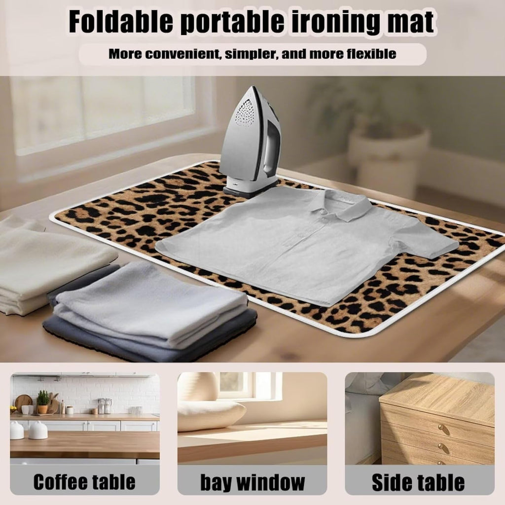 Leopard Print Iron Mat Blanket Travel Foldable Ironing Pad Fabric Ironing Board Cover for Top of Tabletop,Brown Thick & Large Portable Ironing Pads 32 x 16 Inch