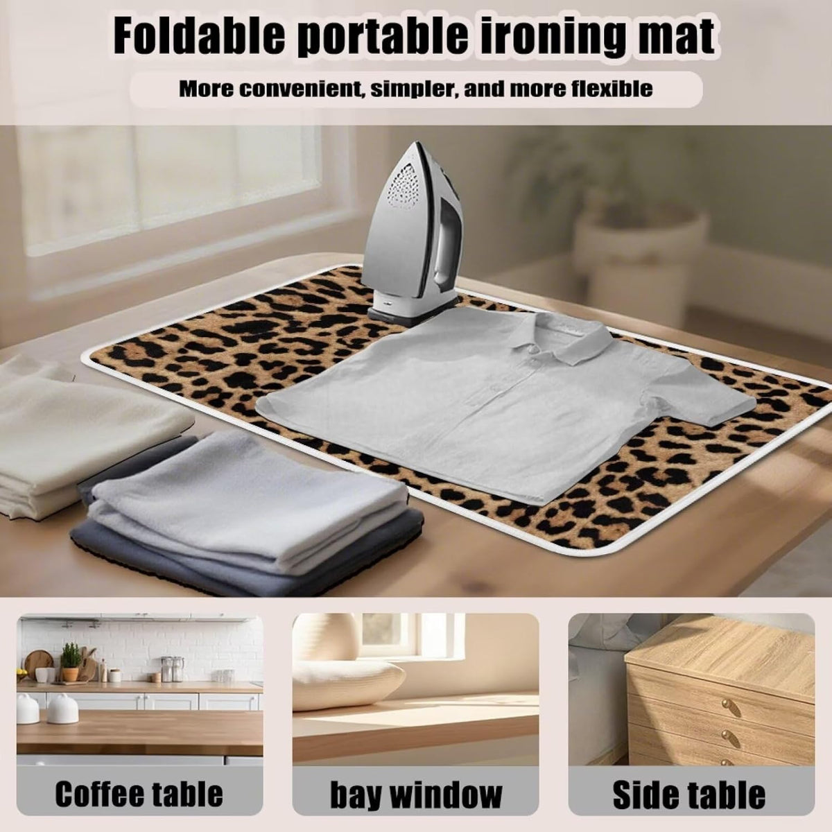 Leopard Print Iron Mat Blanket Travel Foldable Ironing Pad Fabric Ironing Board Cover for Top of Tabletop,Brown Thick & Large Portable Ironing Pads 32 x 16 Inch