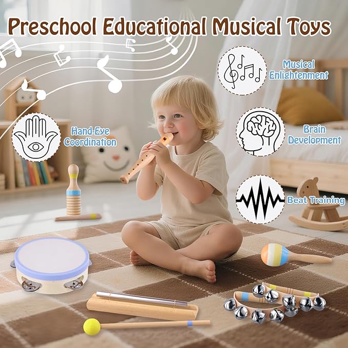 Montessori Musical Instruments for Toddlers, Wooden Baby Music Set with Drum, Flute, Clarinet, Chime Bar, Bells Cymbals, Natural Sensory Learning Toys for Boys Girls 1-3 Years Old