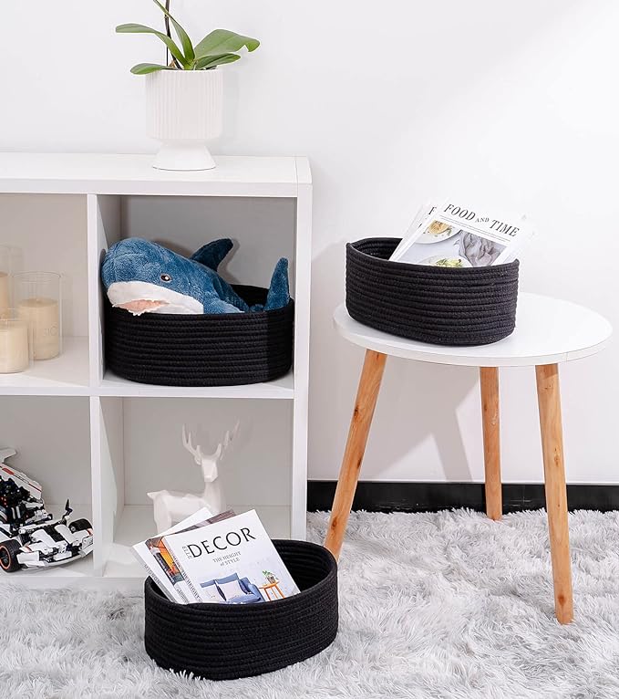 Shelf Storage Baskets for Organizing|Cute Basket for Closet&Blanket Storage|Small Woven Baskets to Store Toys,Books,etc.-13x8.66x5.11’’ Cotton Rope,Stylish,Oval 3 Packs Black