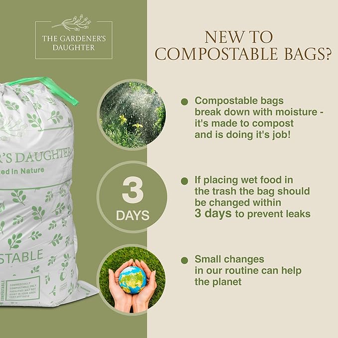 13 Gallon Compostable Trash Bags – Extra Strong, Drawstring Kitchen Bags (30 Count, White) | Leak-Proof, BPI & TUV Certified, Home Compostable – Evergreen by The Gardener's Daughter