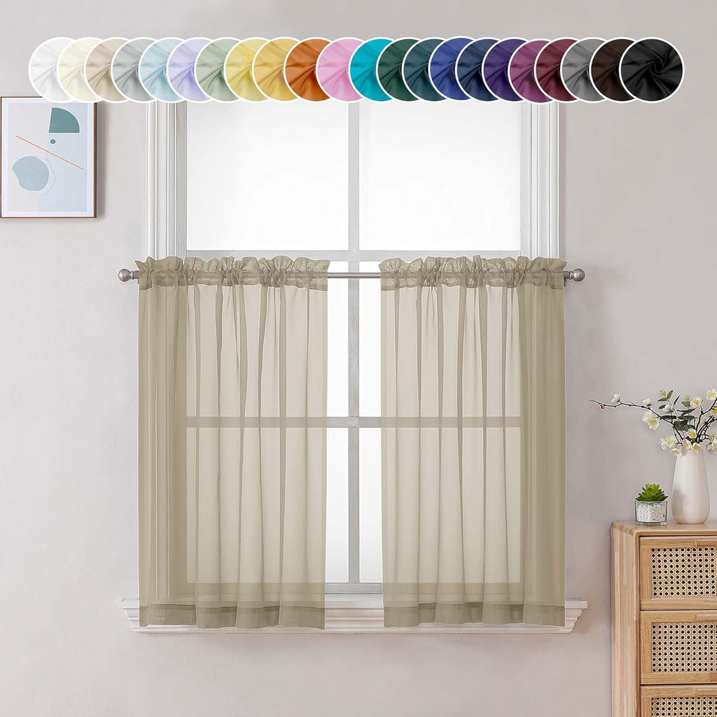 Chyhomenyc Taupe Sheer Curtains 36 inch Length 2 Panels, Light Filtering Voile Rod Pocket Short Window Curtians for Bathroom Living Room Farmhouse Small Windows, 42Wx36L inches