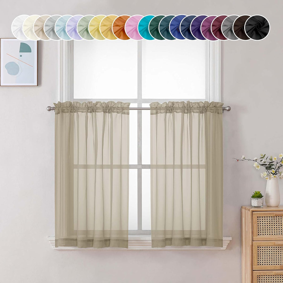 Chyhomenyc Taupe Sheer Curtains 36 inch Length 2 Panels, Light Filtering Voile Rod Pocket Short Window Curtians for Bathroom Living Room Farmhouse Small Windows, 42Wx36L inches