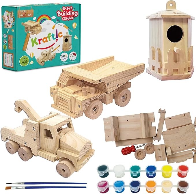 Kraftic Woodworking Building Kit for Kids and Adults, with 3 Educational DIY Carpentry Construction Wood Model Kit Toy Projects for Boys and Girls - Tow Truck, Birdhouse and Dump Truck