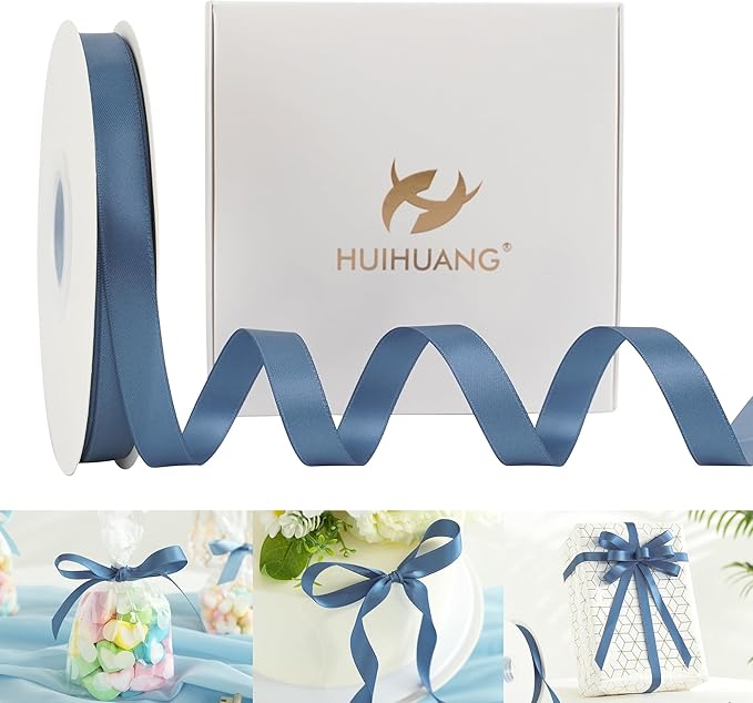 HUIHUANG Satin Ribbon 1/2 inch X 50 Yards Continuous, Smoke Blue Double-Faced Satin Ribbon for Gift Wrapping, Bows, DIY Crafts, Flower Bouquet, Bridal Shower Wedding Decor