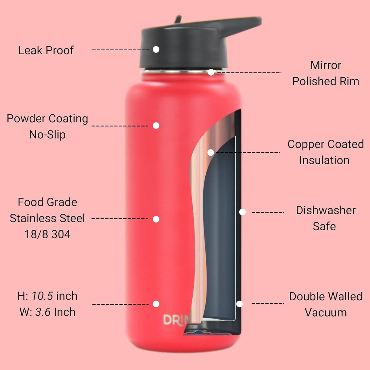DRINCO Stainless Steel Water Bottle Spout Lid Vacuum Insulated Double Wall Water Bottle Wide Mouth (40oz 32oz 22oz 18oz 14oz) Leak Proof Keeps Cold or Hot (32 oz, 32oz Barn Red)