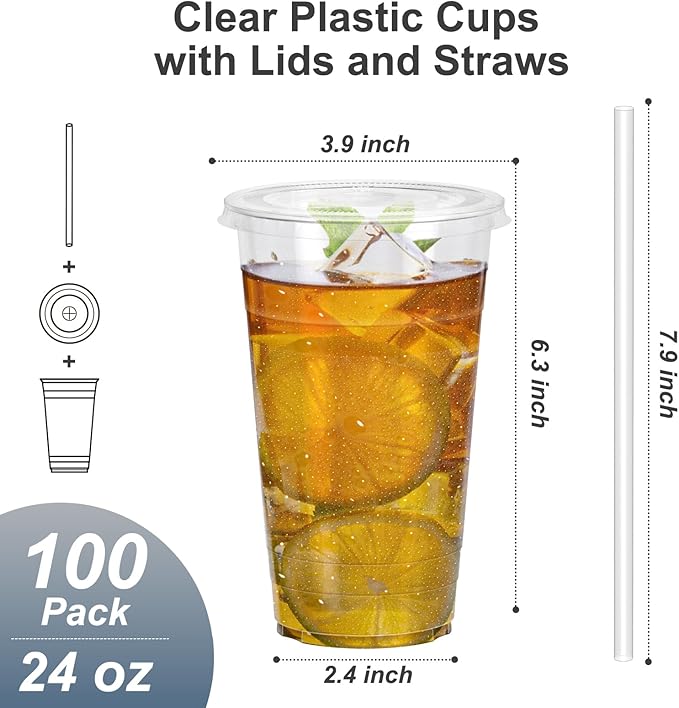 100 Pack - 24 oz Clear Plastic Cups with Lids and Straws, Sturdy & Food Safe Iced Coffee Cups with lids, Disposable Plastic Smoothie Cups for Cold Drinks