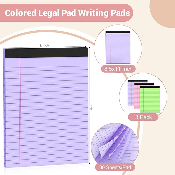 Legal Pads 8.5 x 11 Colored Notepad, 3 Pack Note Pads Wide Ruled Lined Paper, Micro Perforated Writing Pads, 30 Sheet/Note Pads, Notebook Paper Tablet for School, Pink Legal Pad 8.5 x 11