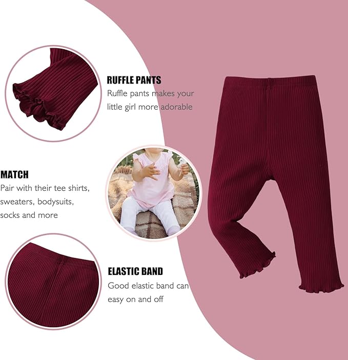 SOBOWO Baby Girl Leggings Pants Toddler Girls Solid Ribbed Pants 3 Pack Ruffle Bottoms Trouser Fall Winter Clothes 9M-3T