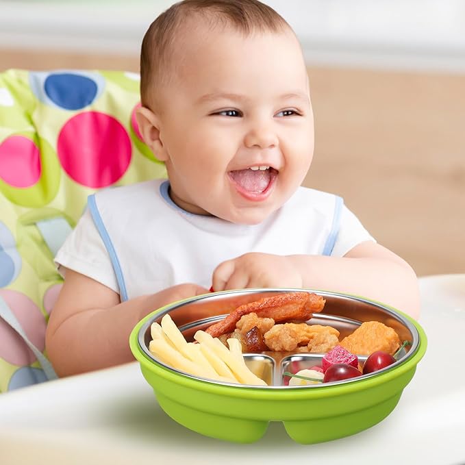 Nuogo 2 Pcs Stainless Steel Baby Suction Plates with Removable Silicone Shell 2-in-1 Metal Toddler Bowl Divided for Picky Eaters Kids Feeding Led Weaning Supplies, Dishwasher Safe (Green, Blue)