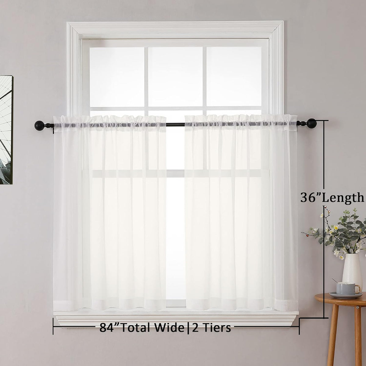 Chyhomenyc Ivory Sheer Curtains Tier 36 inch Length 2 Panels, Light Filtering Airy Rod Pocket Short Curtains Window Treatment for Small Windows/Bathroom/Cafe/Living Room/Farmhouse, 42x36 Inch