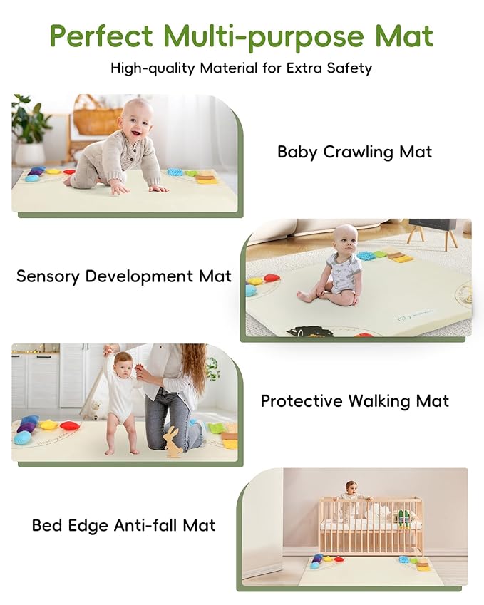 Baby Play Mat, Unique Crawling Mats with 4 Sensory Development Zones for Motor Skills, 50''x50'' Playpen Mats with Non-Slip Cushioned that Fits Nicely Into Any Playroom, Beige