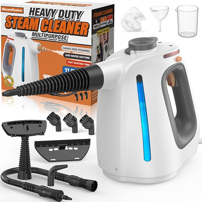Heavy Duty Handheld Steam Cleaner for Cleaning with Lockable Steam Button&11pcs Accessories, Unlimited Water Addition for Continuous Steaming, Multi-Purpose Steamer for Cleaning Car, Grout (grey)