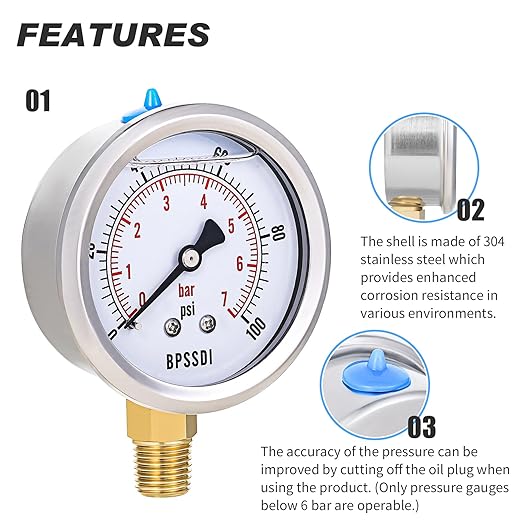 0-100 Psi Glycerin Liquid Filled Low Pressure Gauge, 2.5" Dial Size, 1/4" NPT Lower Mount, 304 Stainless Steel Case, for Water Pump, Pneumatic Air, RV Hose, Gas Pressure Test