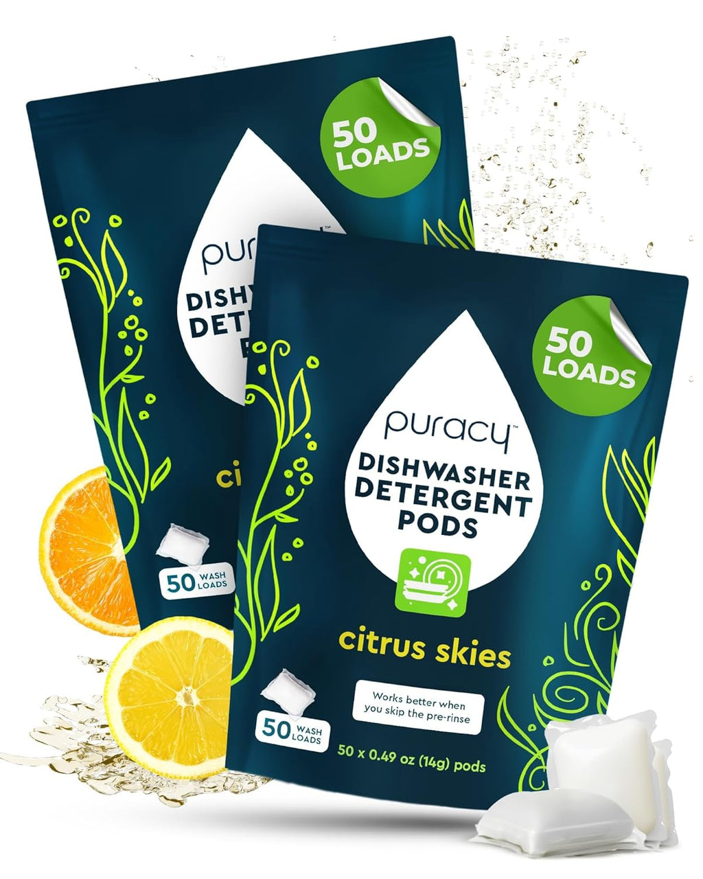 Puracy Dishwasher Pods, Natural Dishwasher Detergent, Citrus Skies Dish tabs - Enzyme-Powered, Spot & Residue Free - TikTok Trend Items, Must Haves from TikTok (Citrus Skies, 50 Count - 2 Pack)