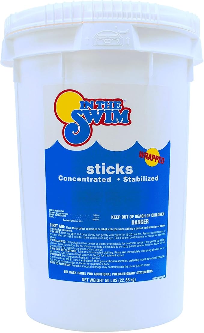 In The Swim 4 Inch Chlorine Sticks for Sanitizing Swimming Pools - Individually Wrapped, Slow Dissolving, Stabilized Chlorine Sanitizer - 90% Available Chlorine, 99% Trichlor - 50 Pounds