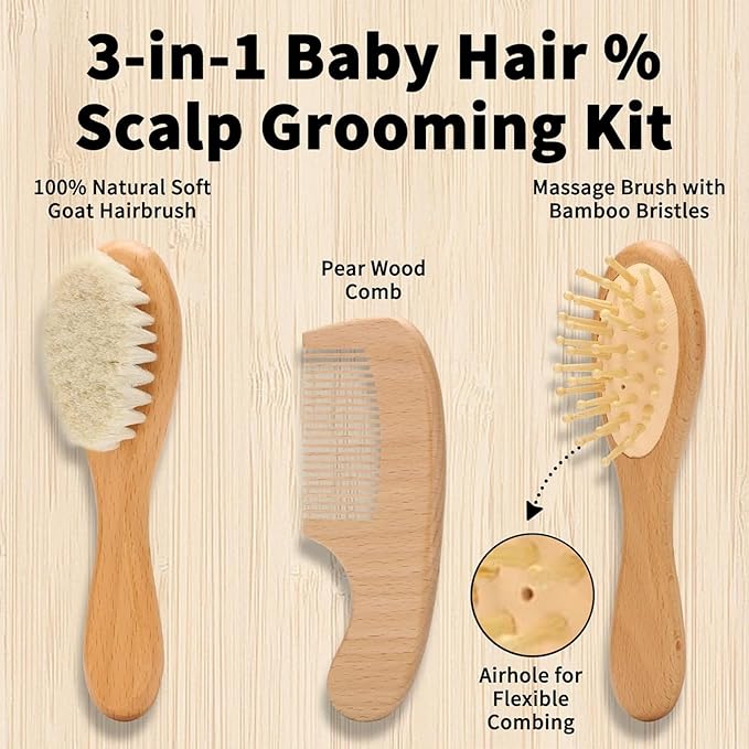Goat Baby Hair Brush Set, Wooden Comb Massage Scalp Comb, Safe Natural Hair Care Kit, Soft Silicone Bath Brush for Newborns Toddlers (Brush Set+ Green Massager) (Brush Set+ 4)