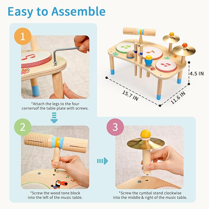WINYGZ Toddler Drum Set – 11 in 1 Kids Musical Instruments with Resonant Drums, Cymbals, Maracas, Wrist Bells & More, Wooden Montessori Music Table for Ages 1-6