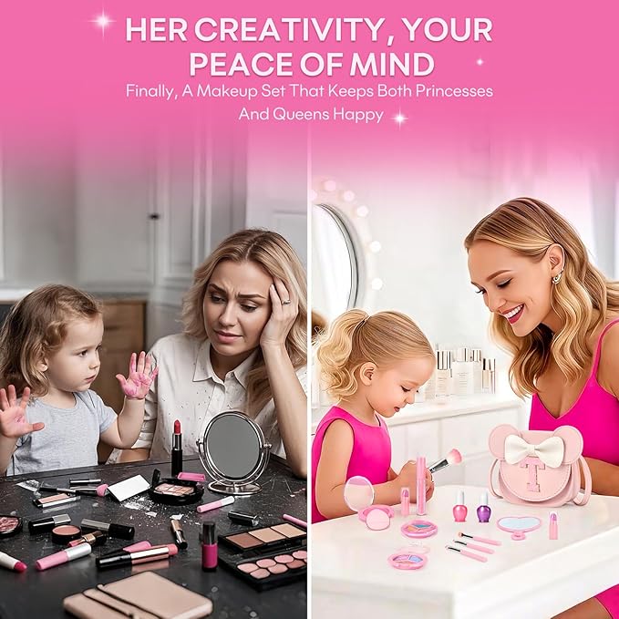 Kids Makeup Kit for Girls - 15 Pcs Real Washable Make Up Set - Non Toxic Toddlers Cosmetic with Letter Mouse Ear Purse - Dress up Birthday Gifts for 3 4 5 6 7 8 Years Old Girls - T