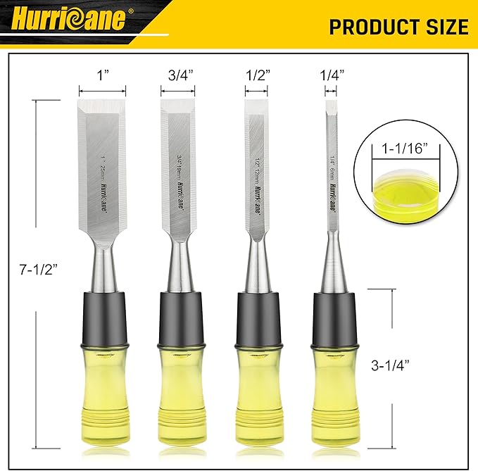 HURRICANE 4 Piece Wood Chisel Set for Woodworking. CR-V Steel Beveled Edge Blades with Safety Caps. Durable PVC High Impact Handle, for Precision Carving & DIY Projects (1/4", 1/2", 3/4", 1")