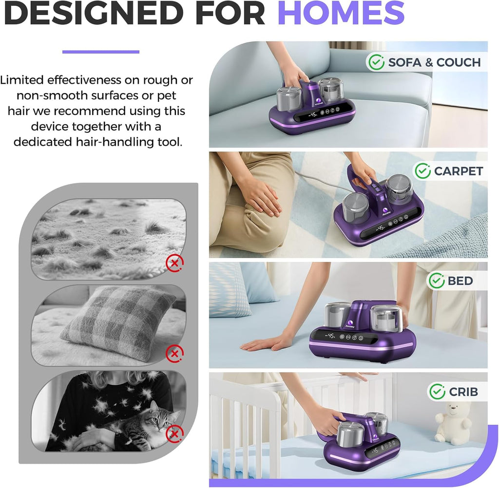 Mattress Vacuum Cleaner - 5-in-1 Cordless Bed Vacuum Cleaner, Powered by UV-C Light & Ultrasonic Technology, 16Kpa Strong Suction,Low Noise,Suitable for Dust, Pet Hair, Etc - Purple