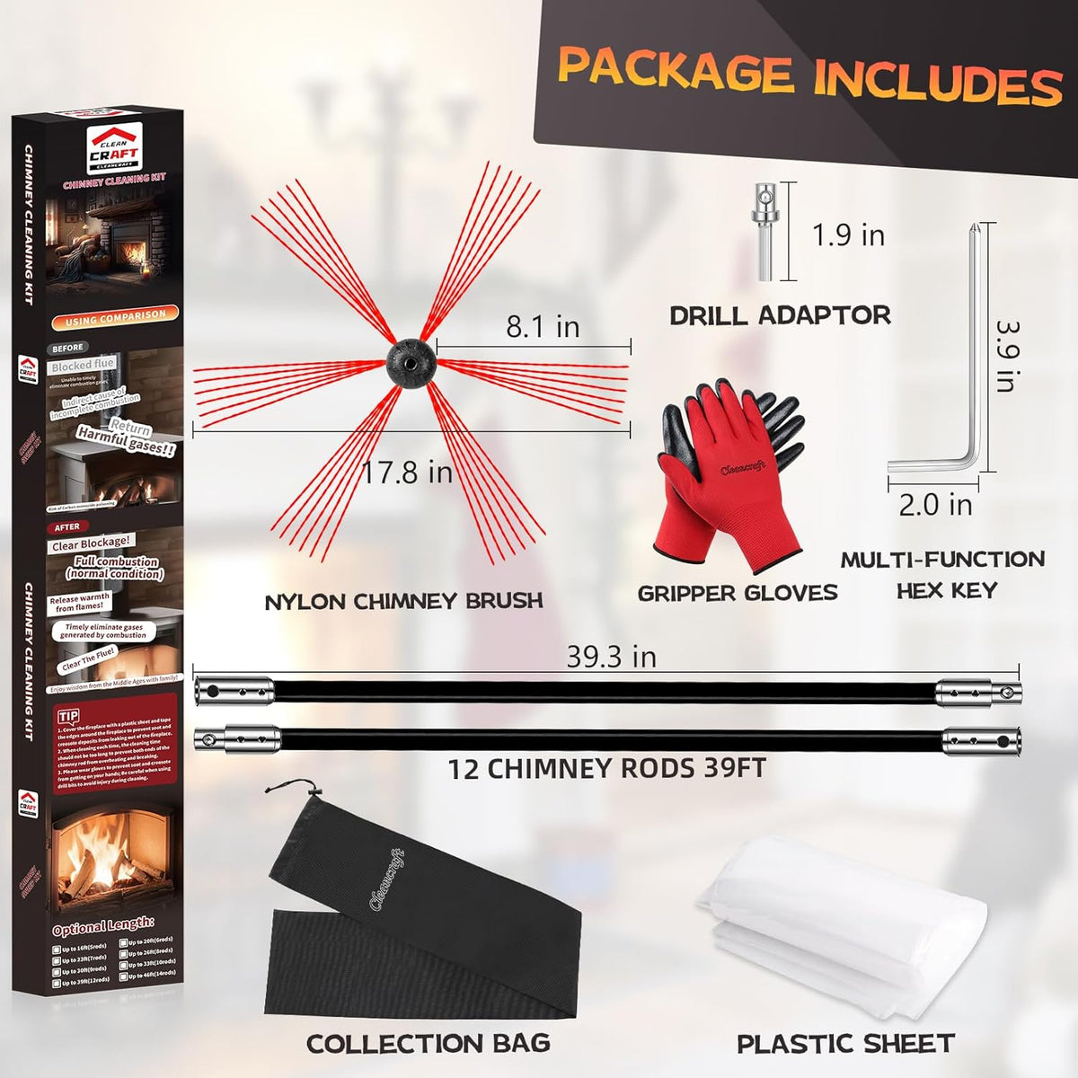 39 Feet Chimney Sweep Kit, Chimney Cleaning Kit with 12 Flexible Black Chimney Rods, Chimney Brush for Sweeping Fireplace, Rotary Chimney Cleaning System Driven by Drill