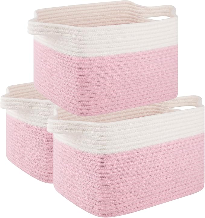 OIAHOMY 3 Pack Storage Basket for Organizing, 13''X9.85''X8.7'' Woven Storage Bins with Handles, toy organizers,Stylish Room Decor, Pink & white