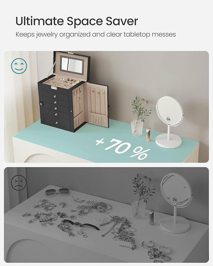 SONGMICS 6 Tier Jewelry Box, Jewelry Storage Organizer with 5 Drawers, Large Storage Capacity, with Mirror, Lockable, Jewelry Case, Gift for Loved Ones, For Watches, Black UJBC152B01