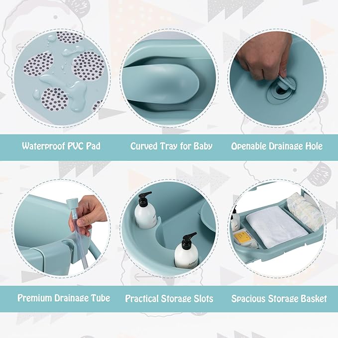 BABY JOY Baby Bathtub with Changing Table, Foldable Infant Diaper Changing Station with Storage Tray, Waterproof Pad, Portable Newborn Nursery Organizer Bath Stand with 4 Universal Wheels (Blue)