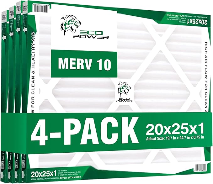20x25x1 ECO POWER Air Filter MERV 10 (4-Pack), Pleated HVAC AC Furnace Air Filters Replacement, Comparable to MPR 1000 & FPR 7 (Actual Size: 19.6 x 24.6 x 0.75 Inches), SB2482