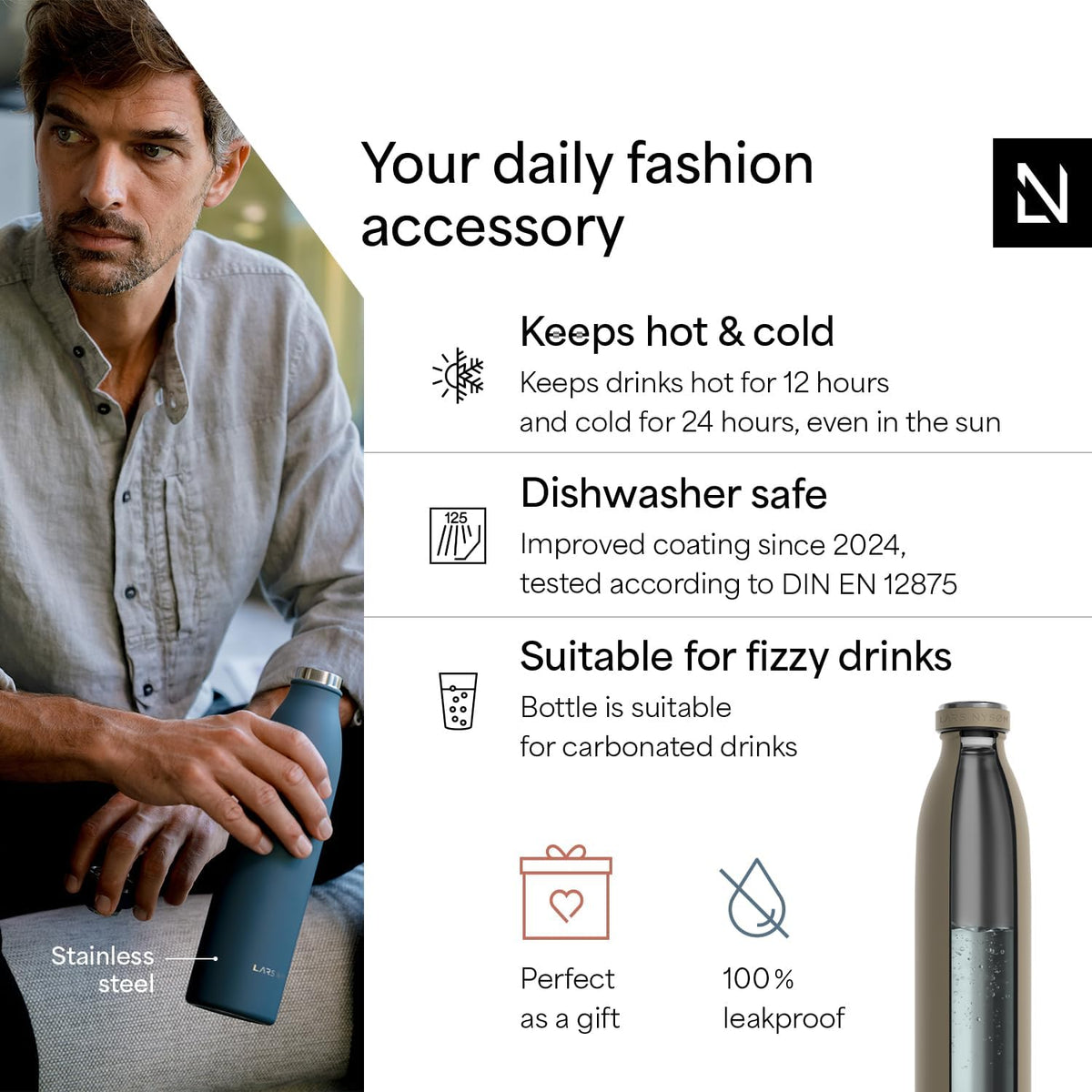LARS NYSØM Stainless Steel Insulated Water Bottle 12oz 17oz 25oz 34oz 51oz | Insulated Thermo Flask for Hot and Cold Beverages | Leakproof Drinking Bottle (Taupe Brown, 25.4 oz)