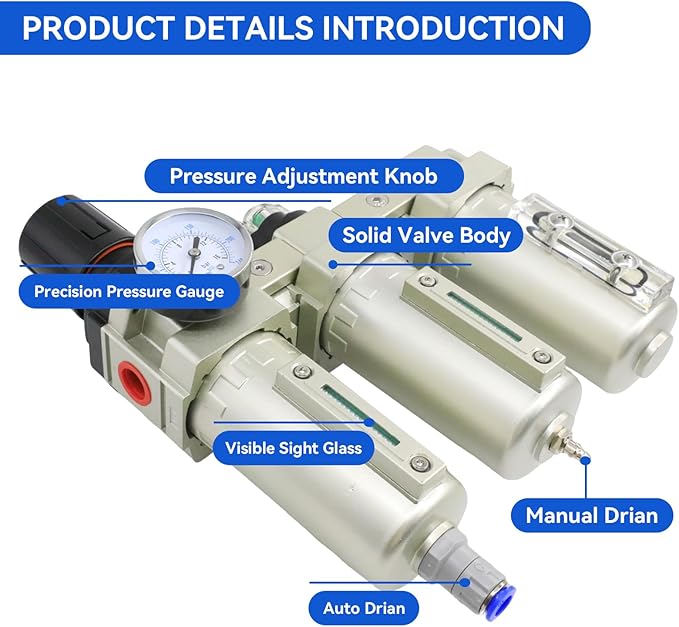 1/2" NPT Industrial Grade 3 Stage Air Dryer for Compressor, Auto Drain Air Compressor Water Separator System Filter Oil for Plasma Cutter and Paint Spray,0-240 PSI