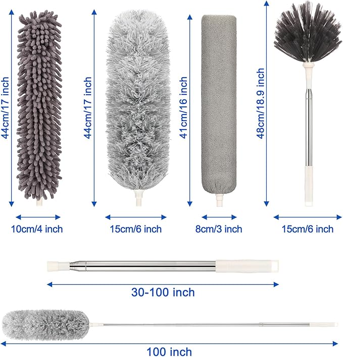 Microfiber Duster with Extension Pole(Stainless Steel) 30 to 100 Inches, Washable Dusters, Reusable Dusters, Bendable Duster for High Ceiling, Cleaning Ceiling Fan, Furniture, Blinds, Cars