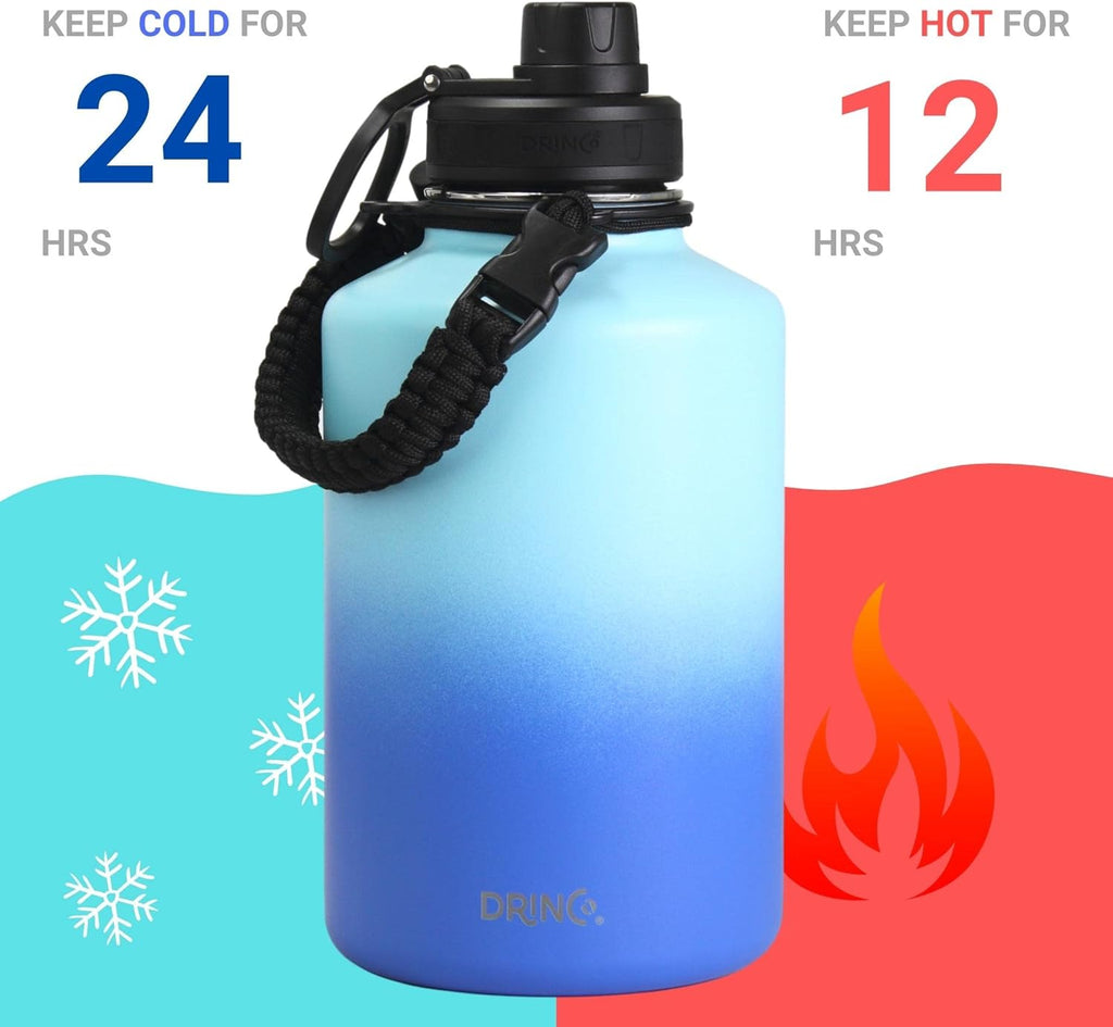 DRINCO Stainless Steel Water Bottle Spout Lid Vacuum Insulated Double Wall Water Bottle(64oz 40oz 32oz 22oz 18oz 14oz) Leak Proof Keep Cold Sport Camping Hiking (64 oz, 64oz Morning Sky Blue)