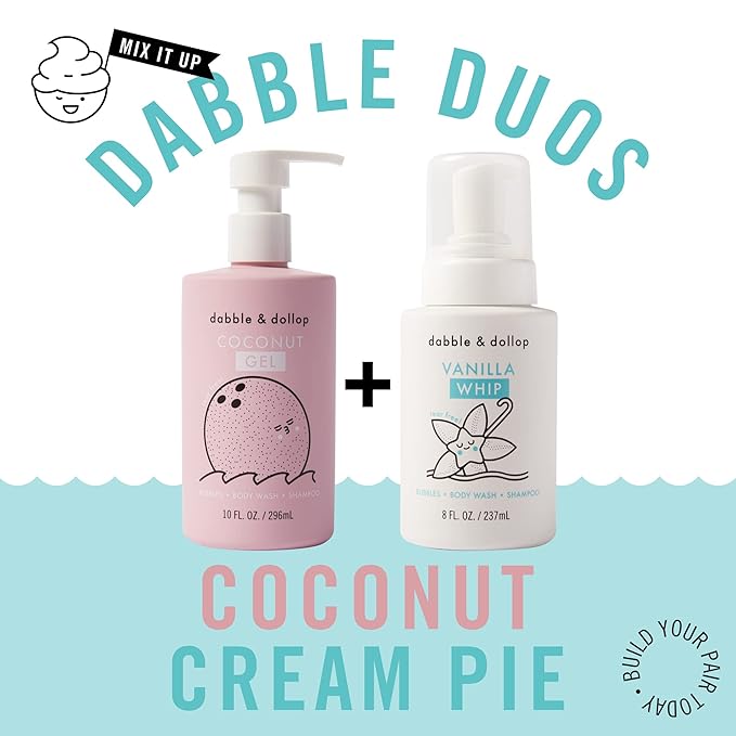 Dabble & Dollop Coconut + Vanilla Body Wash & Shampoo – 3-in-1 Natural Bubble Bath for Kids, Made in USA, No Parabens or Sulfates, Vegan, Gluten-Free, Tear-Free (2-Pack)
