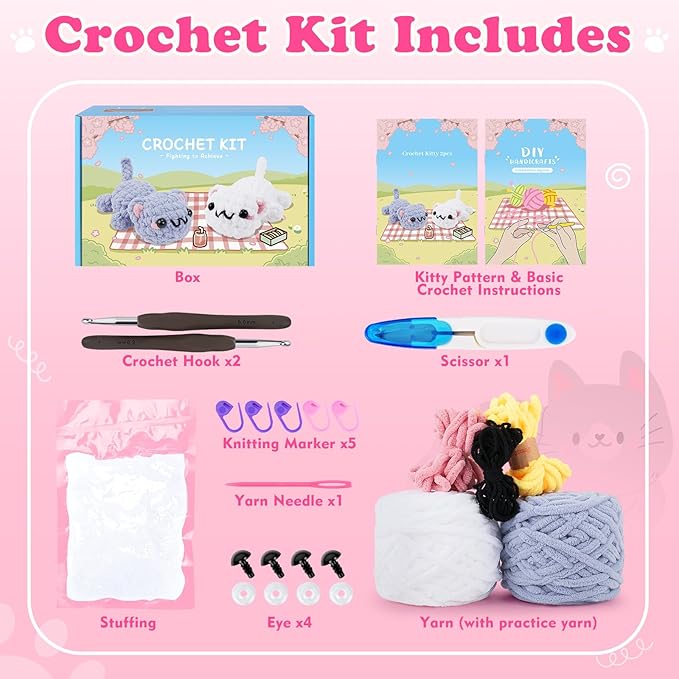 Crochet Kit for Beginners - 2PCS Kitty Crochet Kit with Step-by-Step Video Tutorials, Crochet Starter Kit for Adults and Kids, Learn to Crochet Cat, Beginner Crocheting Kit Easy Peasy Yarn