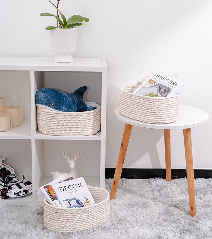 Baskets&Bins for Shelf Storage &Organizing/Cute Basket to Store and Organize Daily Items/Woven Rope Basket for Living Room, Bedroom,Playroom/Small Oval-13x8.66x5.11’’,3 Packs Rainbow