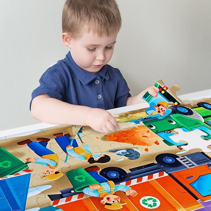 Jumbo Floor Puzzle for Kids,Recycling Garbage Truck Jigsaw Large Puzzles,48 Piece Trash Truck Vehicle Puzzle for Toddler Ages 3-5,Children Learning Preschool Educational Toys,Gift for 4-8 Years Old