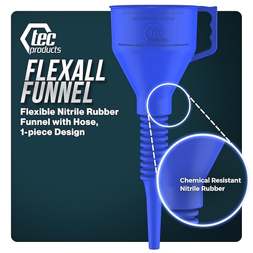 TEC Products FlexAll Long Flexible Funnels - Automotive Oil Funnel with Hose, Durable Nitrile Rubber for Oil Change, Transmission Funnel Fluid, Diesel, Fuel, Gas - Made in USA - Blue (16 x 5 Inches)