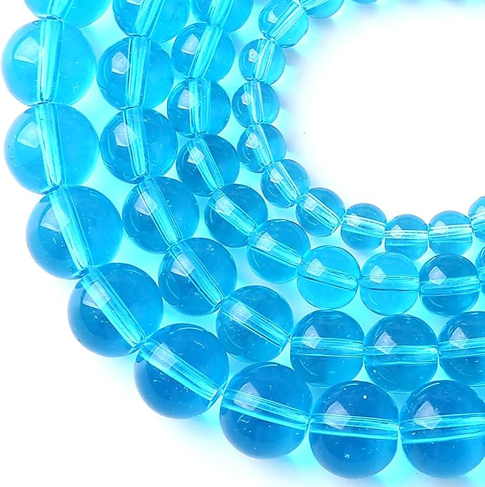 10MM Lake Blue Glass Beads Natural Gemstone Round Loose Stone Beads for Jewelry and Bracelets Making 72pcs 2 Strands 32"